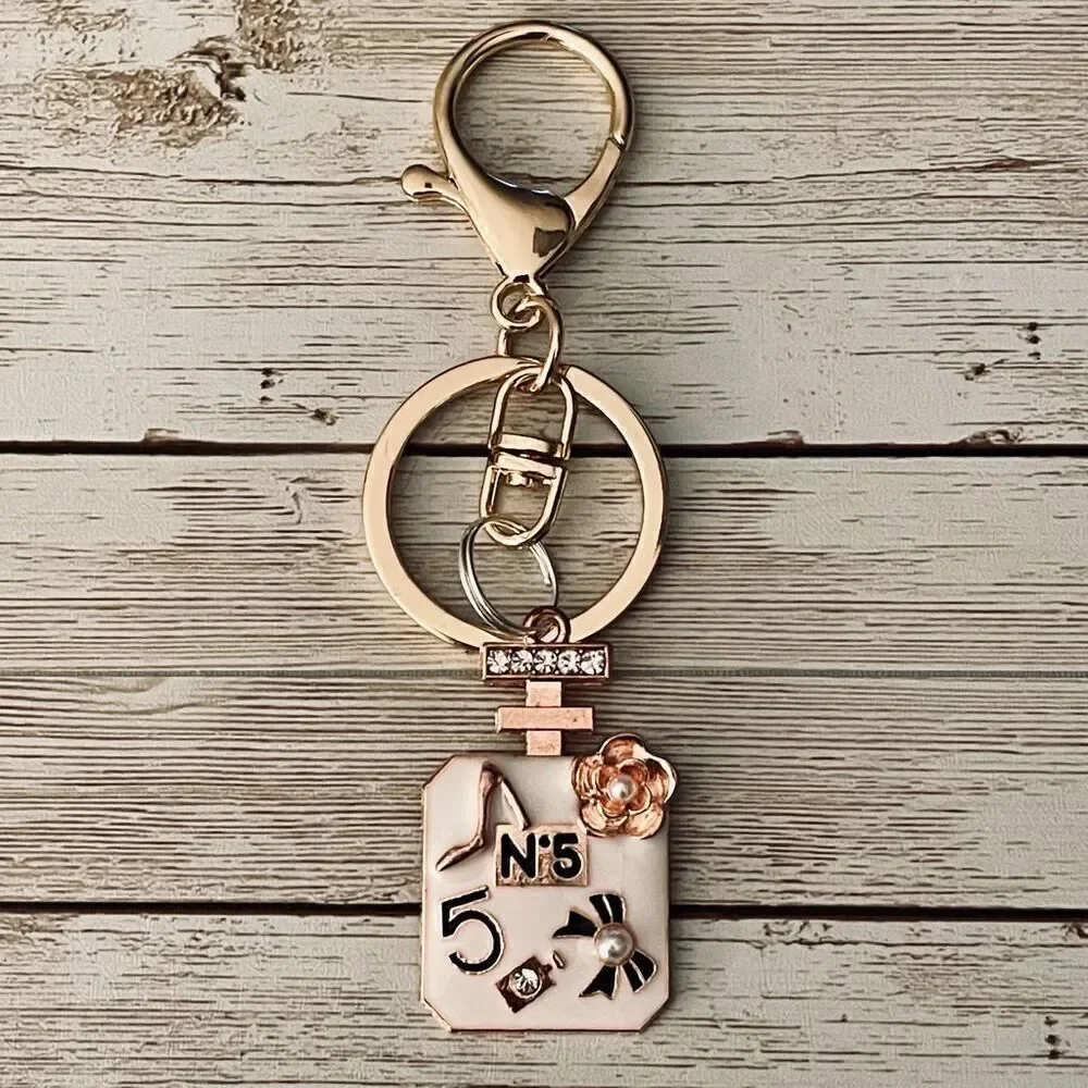 Fine Perfume bottle Gold White Bling Metallic Lobster clasp Keyholder Keychain k